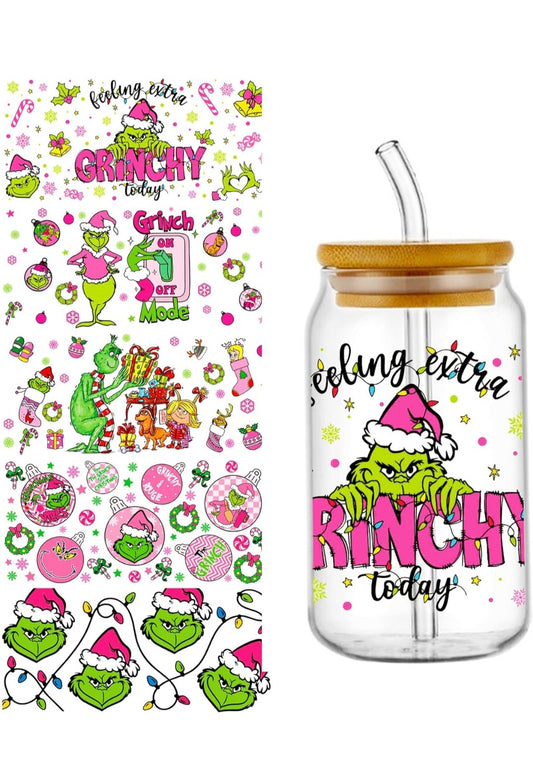16 Oz frosted glass "Grinch" cup