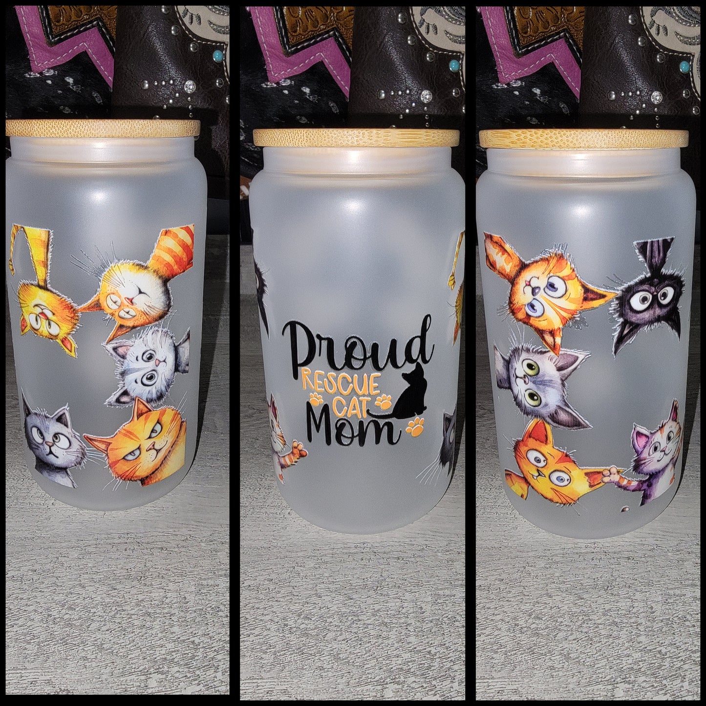 16 oz frosted glass cat cups