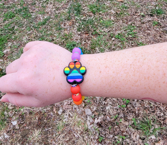 Silicone rainbow and rhinestone puppy dog paw bracelet