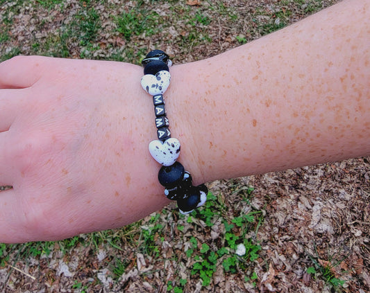 Mama black and white splatter heart bracelet